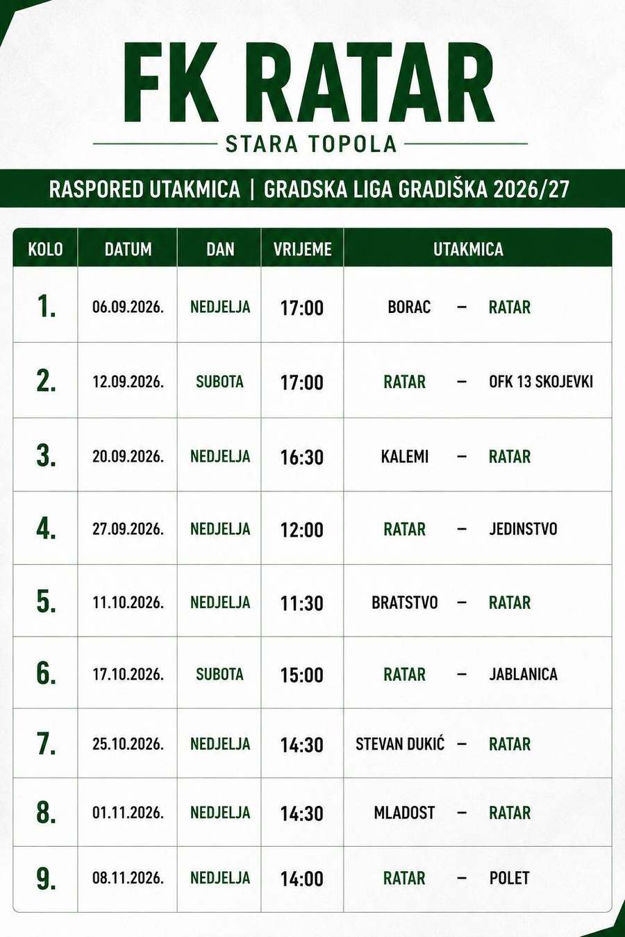 Raspored utakmica — Gradska liga Gradiška 2026/27